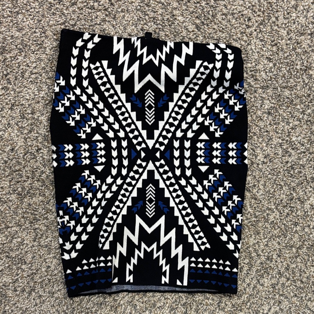 H&M Asymmetrical Skirt with Black, White, and Blue Pattern
